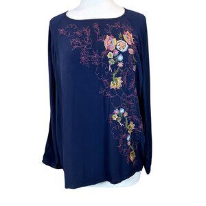 J.Jill Long Sleeve Navy Embroidered Floral Scoop Neck Pullover Top Large